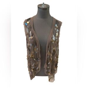 Chico’s Embellished Mesh Vest Taupe Sequin Beaded Sheer Layer 1 (M) Boho Resort